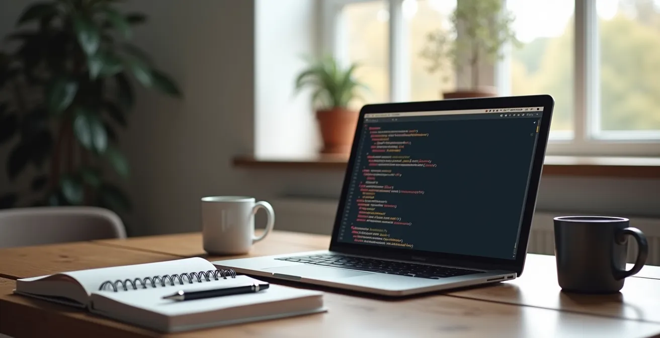Espace de travail de développeur minimaliste avec un ordinateur portable montrant un terminal de commande Git, symbolisant le flux de travail moderne.