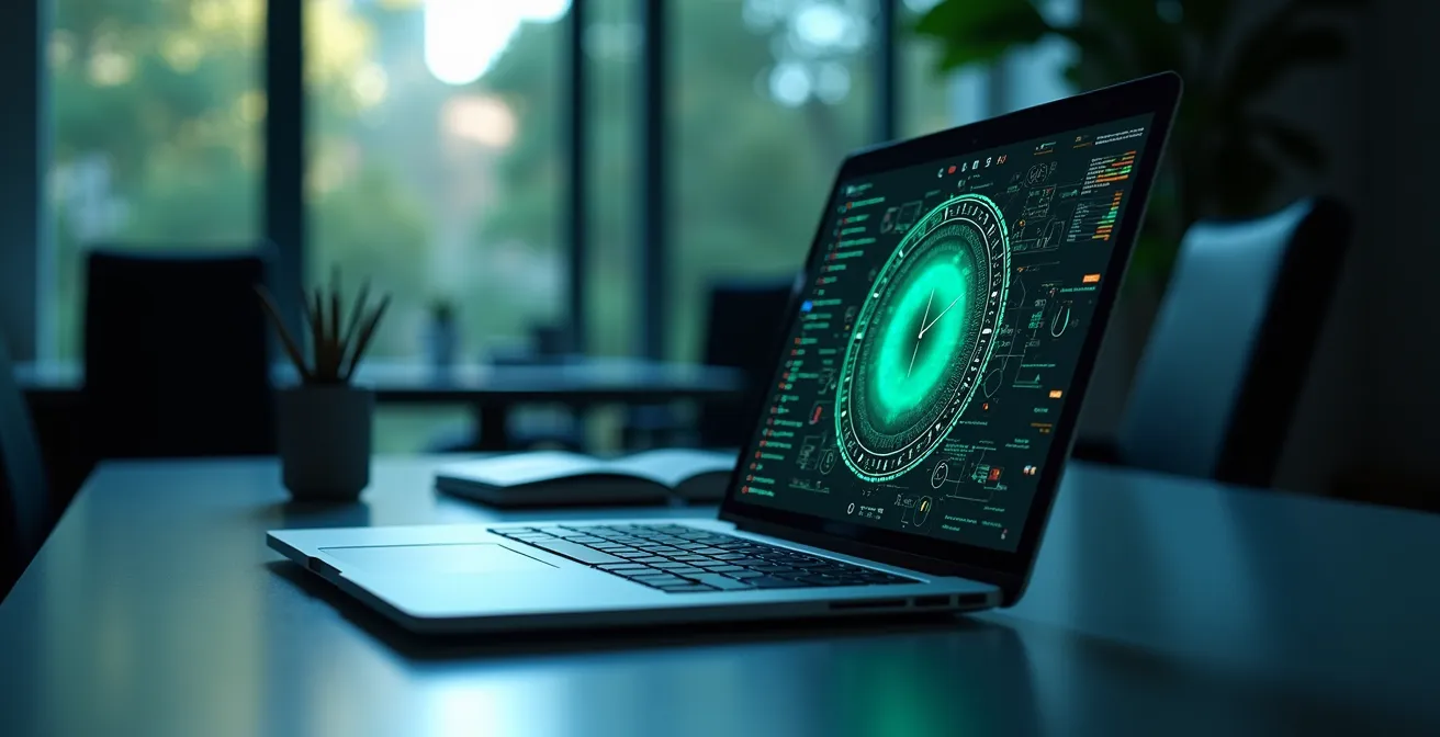 Écran d'ordinateur montrant un processus de mise à jour avec des boucliers symbolisant la protection.
