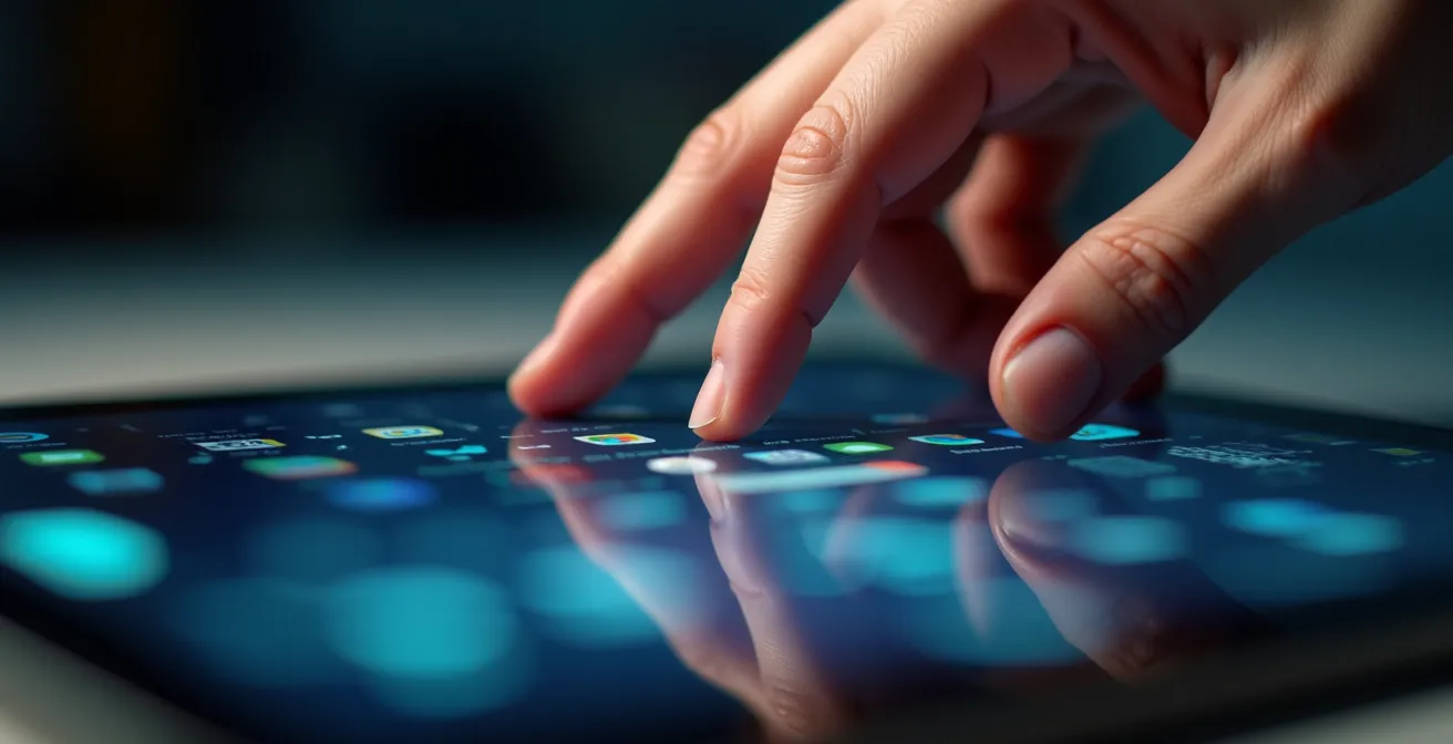 Vue macro de doigts effectuant un geste de pincement sur une surface tactile