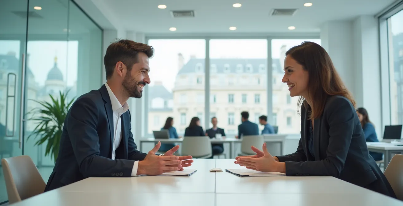 Deux professionnels en discussion dans un environnement de bureau moderne français