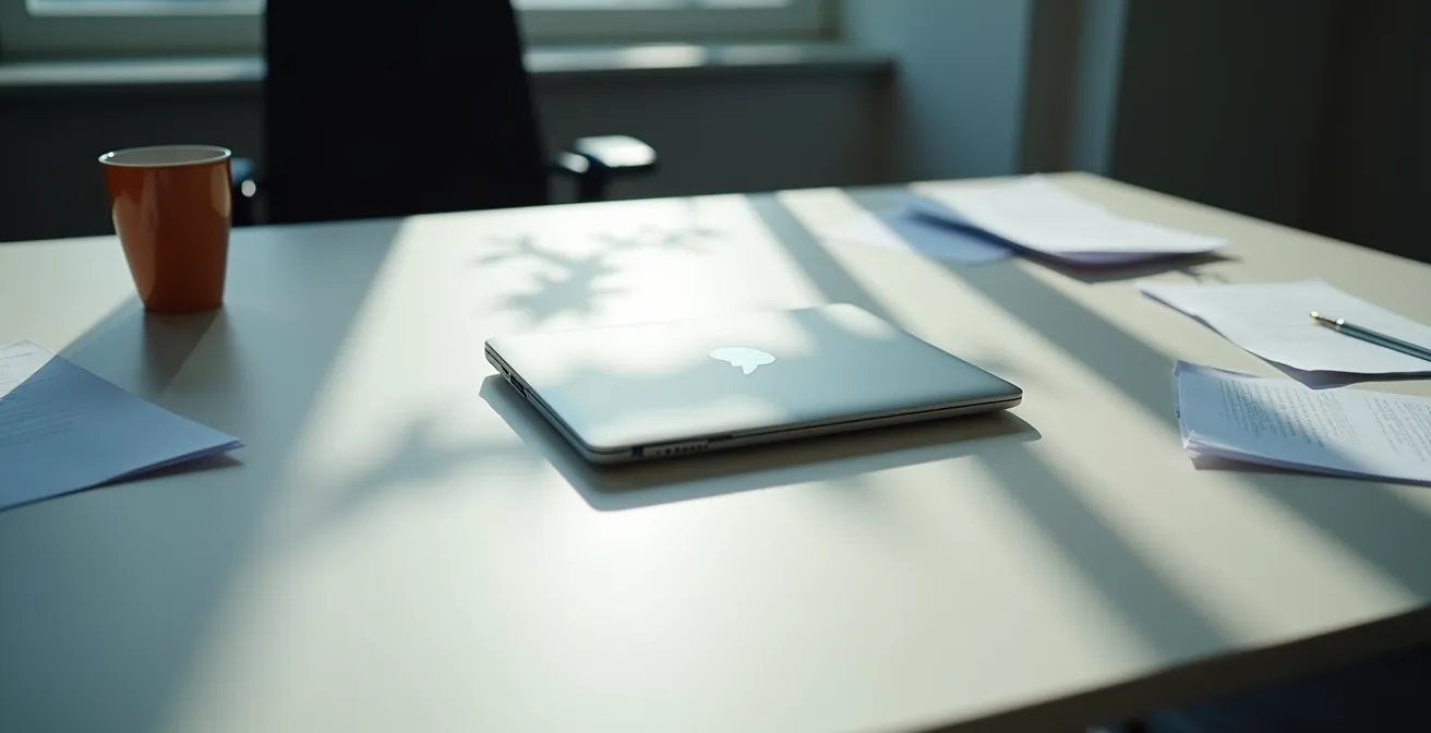 Ordinateur portable fermé sur un bureau vide avec ombres suggérant l'absence et le danger