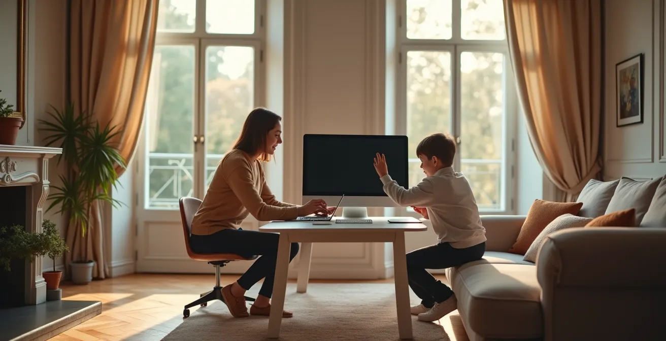 Ordinateur tout-en-un élégant dans un salon familial français lumineux