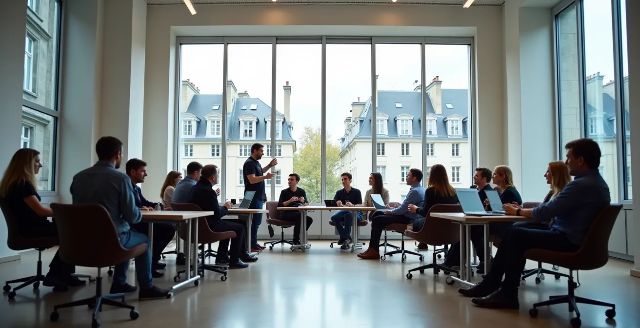 Vue large d'un espace de conférence moderne avec des développeurs partageant leurs connaissances