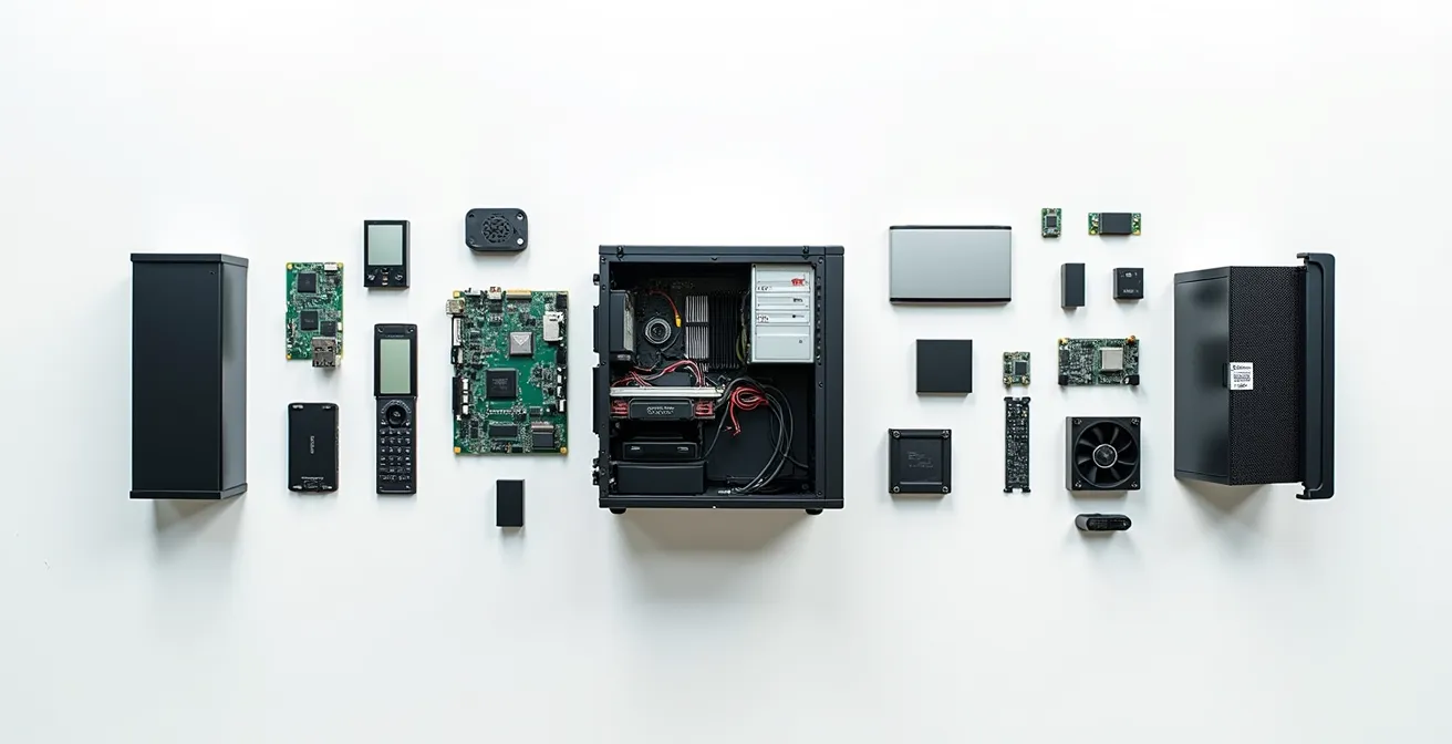 Vue éclatée d'un PC de bureau avec ses composants modulaires