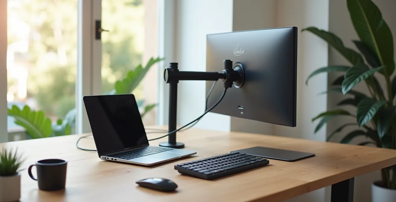 Configuration de bureau avec ordinateur portable connecté à une station d'accueil et plusieurs écrans