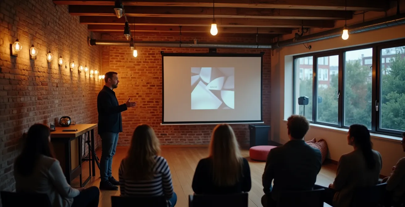 Expert technique présentant lors d'un meetup technologique devant une audience attentive