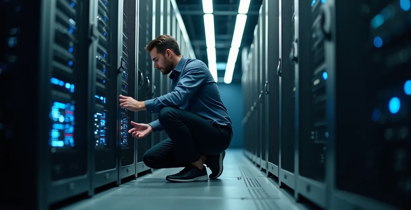 Technicien informatique vérifiant des serveurs de sauvegarde dans un datacenter moderne