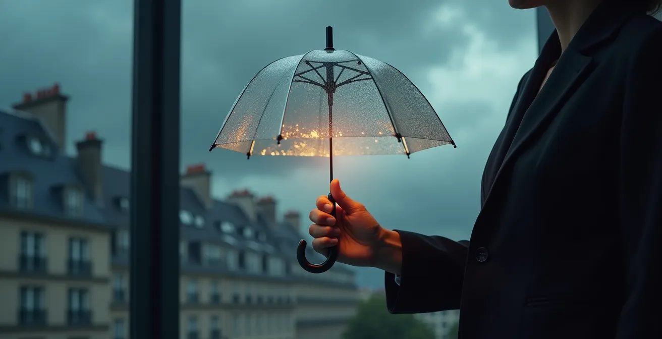 Parapluie de verre protégeant des données lumineuses d'une tempête dans un bureau français