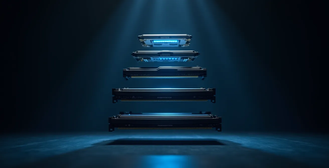 Configuration pyramidale du stockage professionnel avec différents types de disques