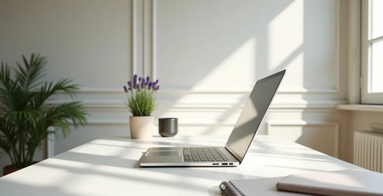 Espace de travail minimaliste avec ordinateur portable vu de côté dans un intérieur français épuré