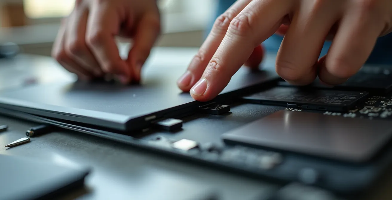 Gros plan sur les mains d'un technicien remplaçant une batterie d'ordinateur portable