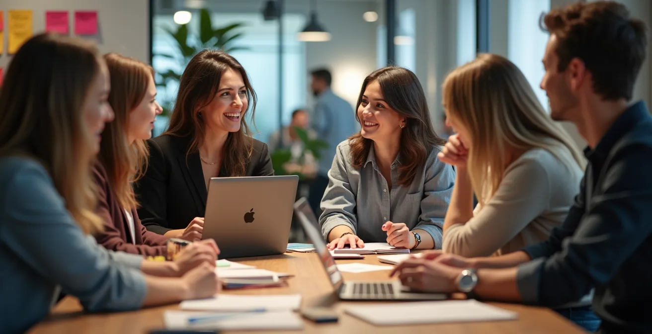 Vue aérienne d'un espace de coworking moderne avec apprenants collaborant