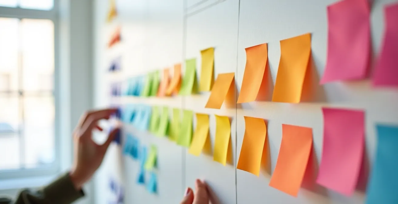 Équipe diverse en réunion de planification sprint autour d'un tableau avec post-its colorés