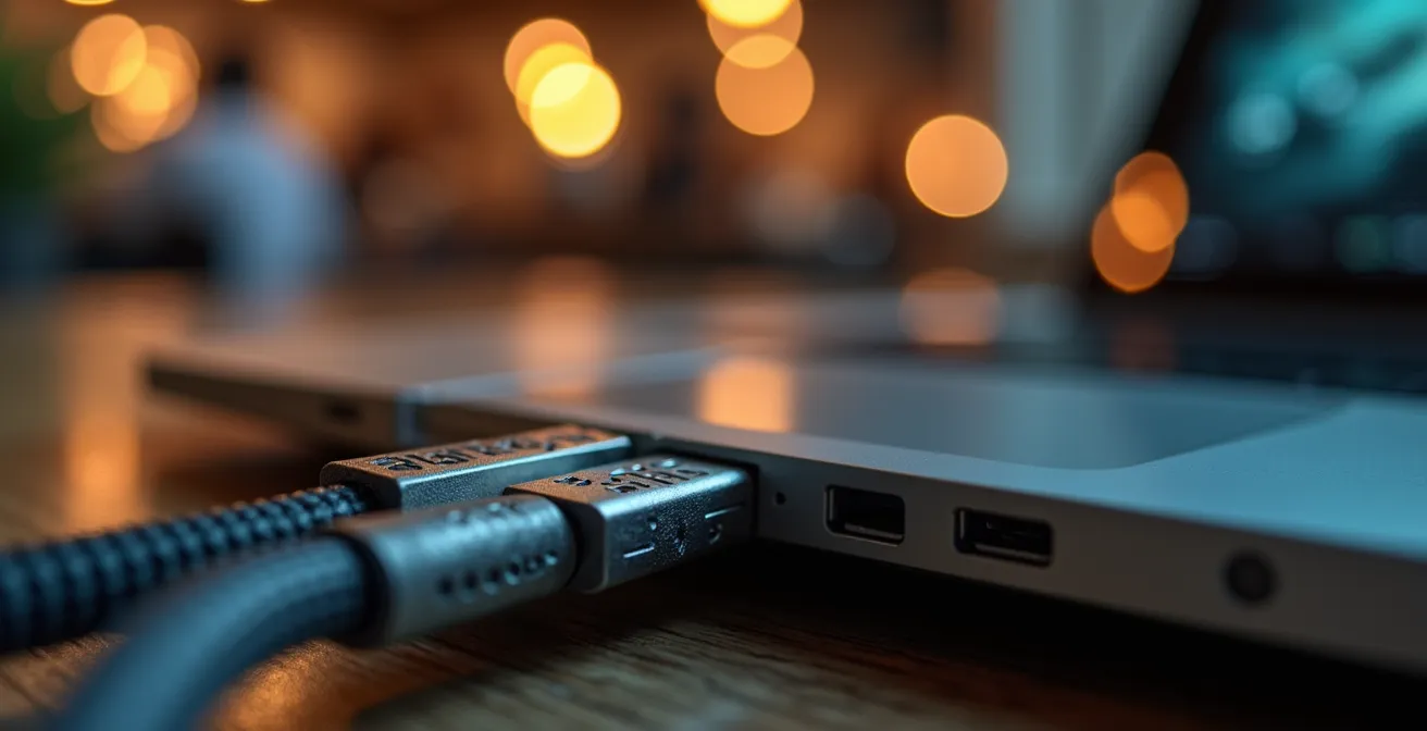 Vue macro d'un cadenas de sécurité numérique sur un ordinateur portable dans un environnement de café