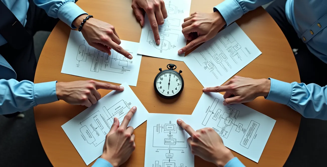 Équipe en réunion de crise autour d'une table avec chronomètre et documents de procédure