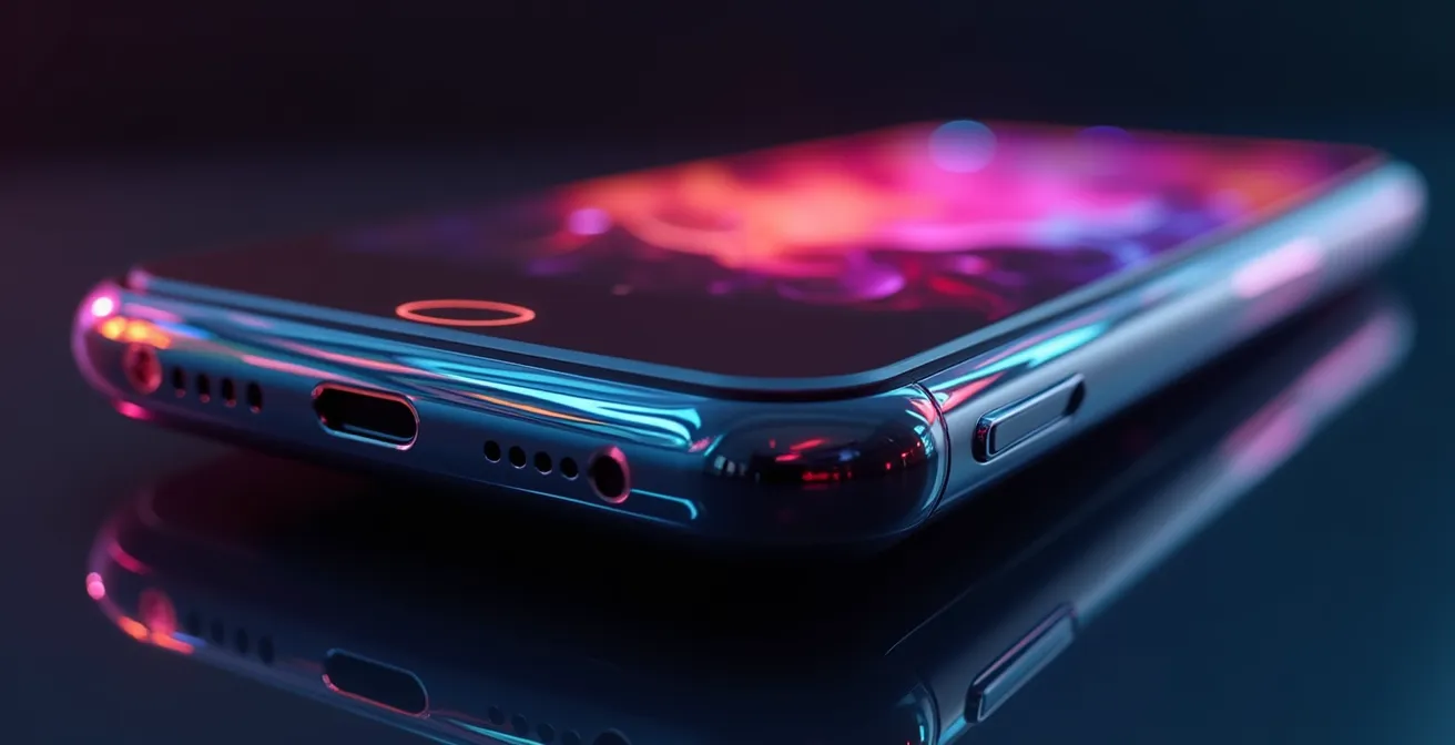 Gros plan sur un smartphone montrant des indicateurs de performance abstraits et colorés symbolisant la rapidité