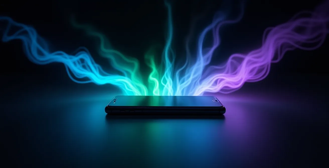 Smartphone moderne avec représentation abstraite de flux de données sauvegardées automatiquement