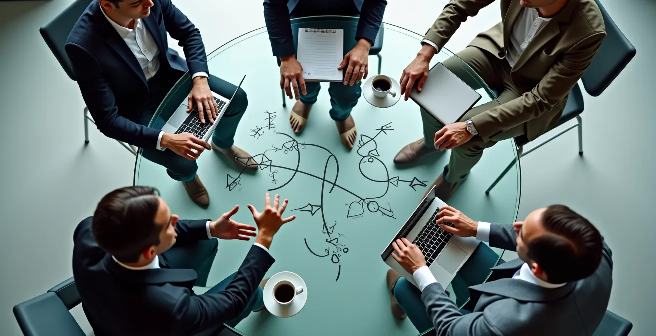 Professionnels en discussion collaborative autour d'une table de réunion moderne