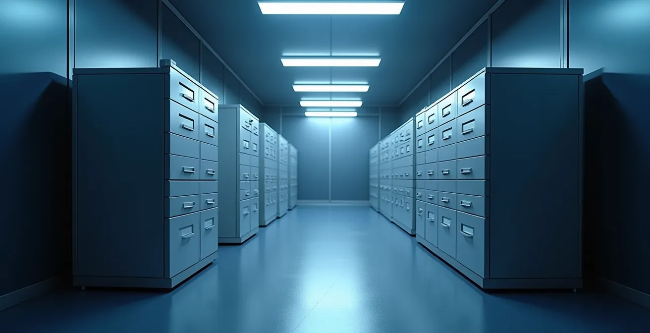 Comparaison visuelle entre stockage objet représenté par des modules cubiques et stockage fichier par des classeurs métalliques