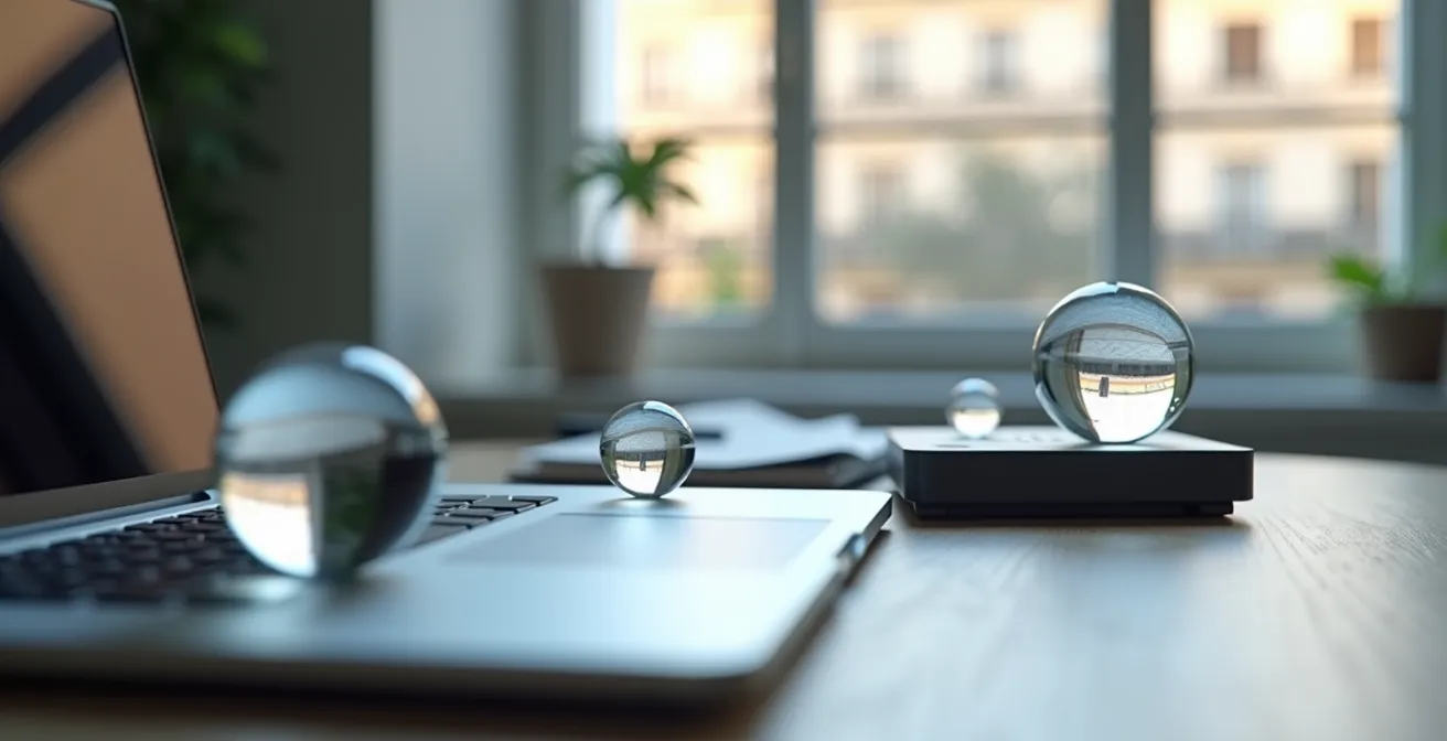 Système de sauvegarde multiple représenté par trois sphères de verre interconnectées sur un bureau français moderne
