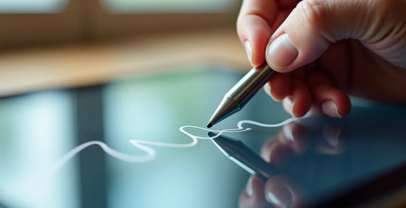 Gros plan sur une main utilisant un stylet pour signer numériquement un document sur tablette