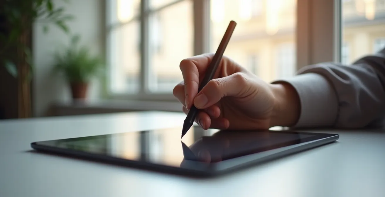 Main tenant un stylet au-dessus d'une tablette dans un environnement de bureau minimaliste
