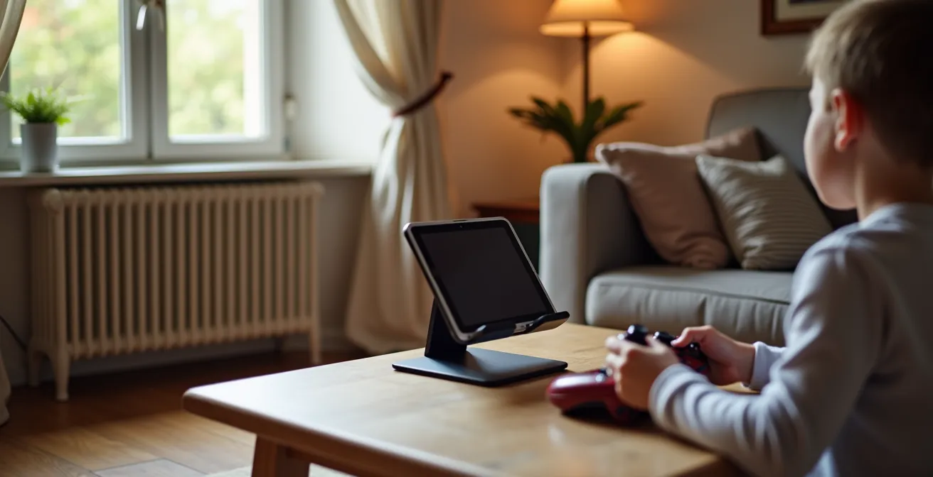 Tablette posée sur support avec manette de jeu dans un salon familial français