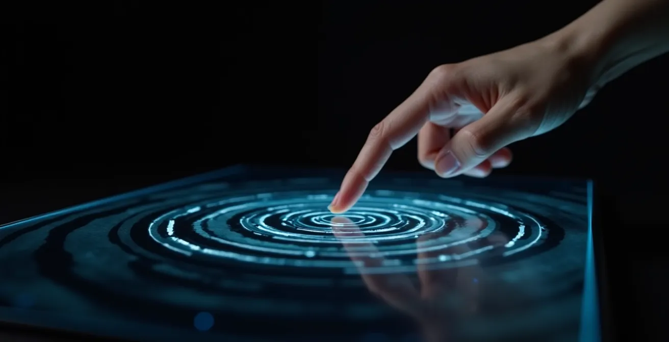 Doigt touchant une surface avec représentation symbolique d'ondes haptiques
