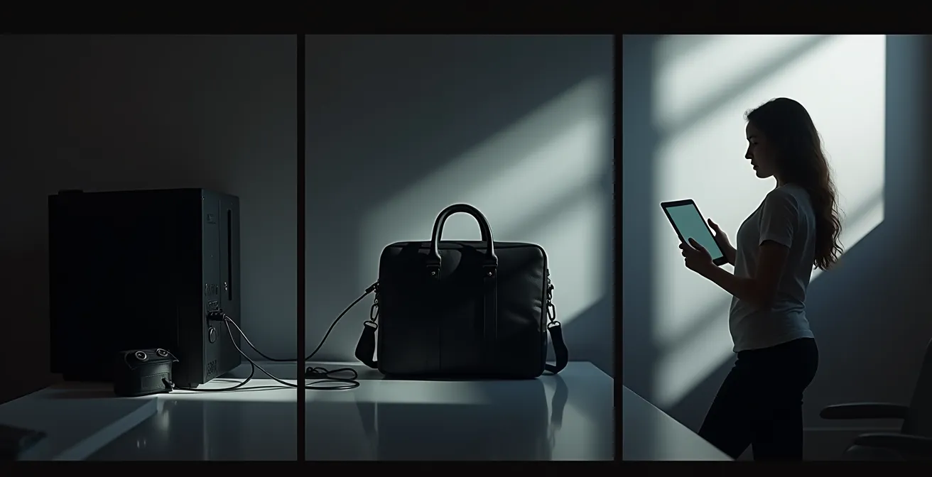 Vue symbolique montrant les trois formats d'appareils informatiques dans leur contexte d'usage