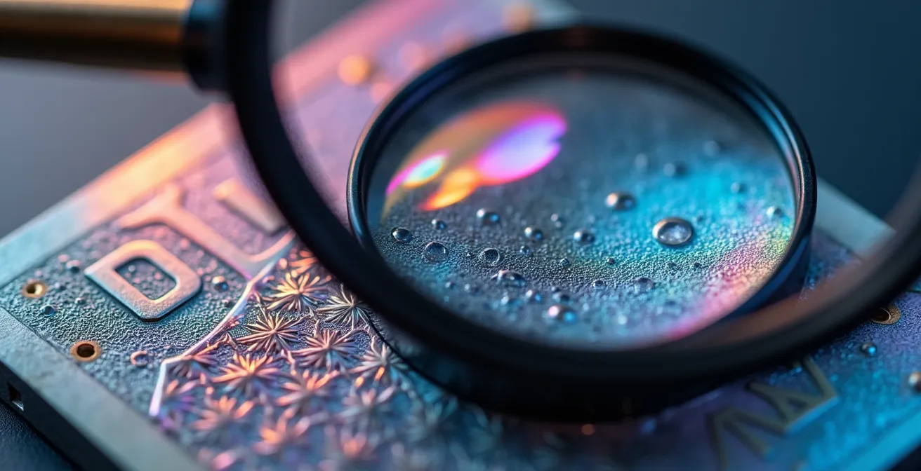 Vue macro d'une loupe examinant des détails de sécurité sur une surface