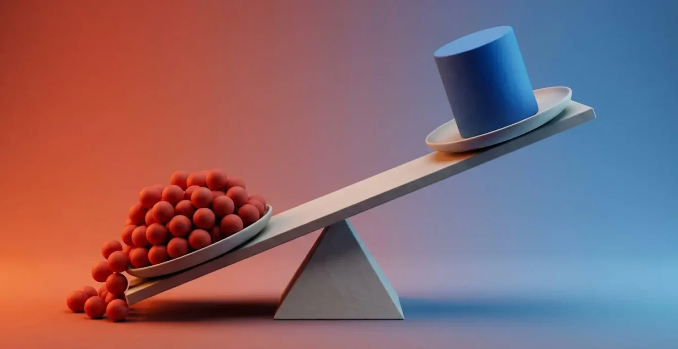 Balance géométrique fortement déséquilibrée avec plateau gauche bas surchargé de sphères rouges et plateau droit haut portant un cylindre bleu unique
