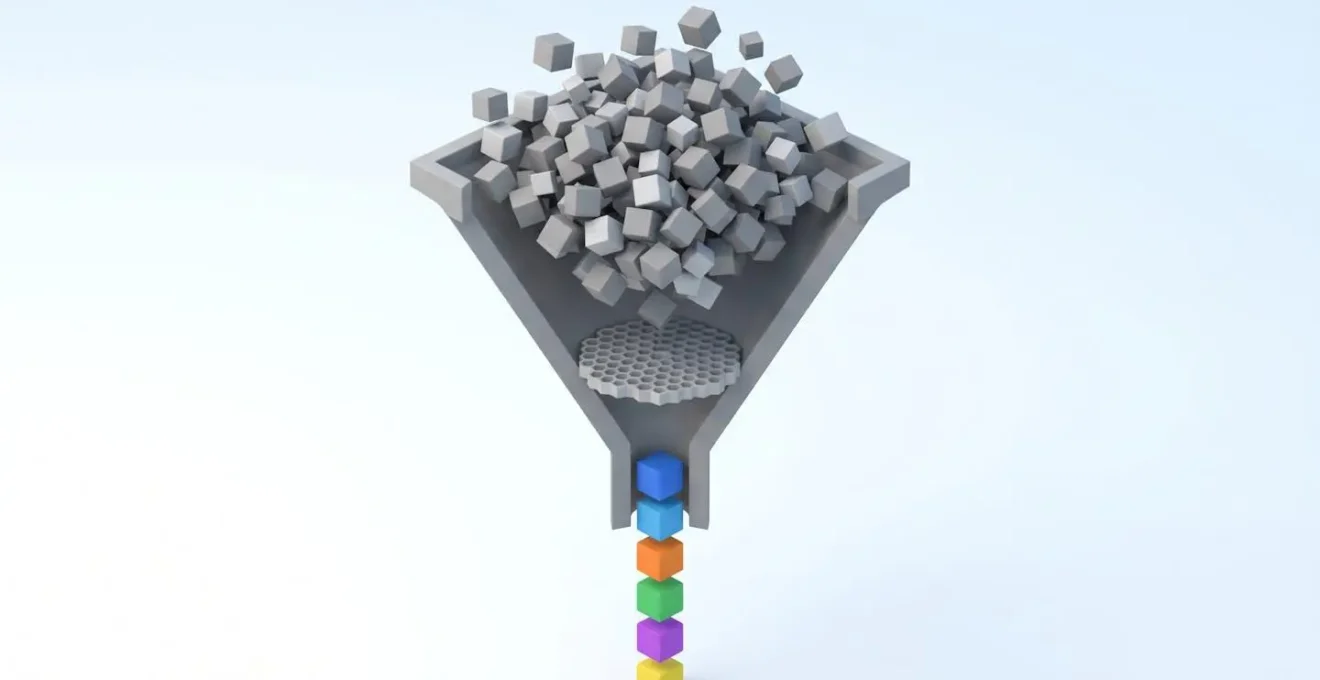 Illustration 3D isométrique d'un entonnoir filtrant un nuage de petits cubes gris désordonnés vers une sortie de six cubes colorés alignés, symbolisant la sélection des critères essentiels