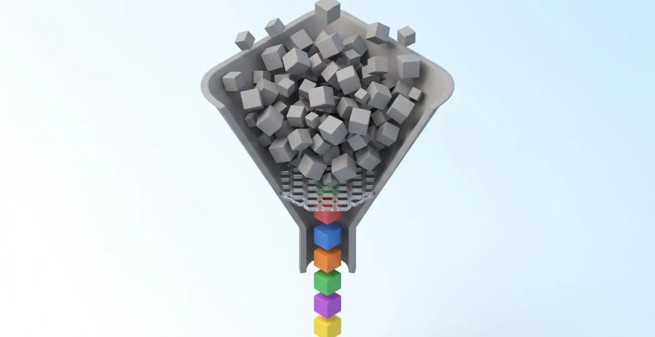 Illustration 3D isométrique d'un entonnoir filtrant un nuage de petits cubes gris désordonnés vers une sortie de six cubes colorés alignés, symbolisant la sélection des critères essentiels