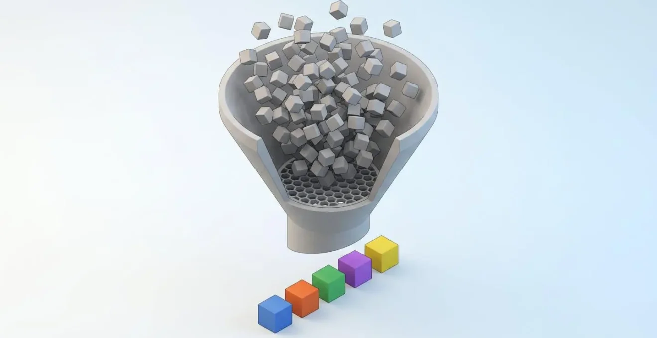 Illustration 3D isométrique d'un entonnoir filtrant un nuage de petits cubes gris désordonnés vers une sortie de six cubes colorés alignés, symbolisant la sélection des critères essentiels