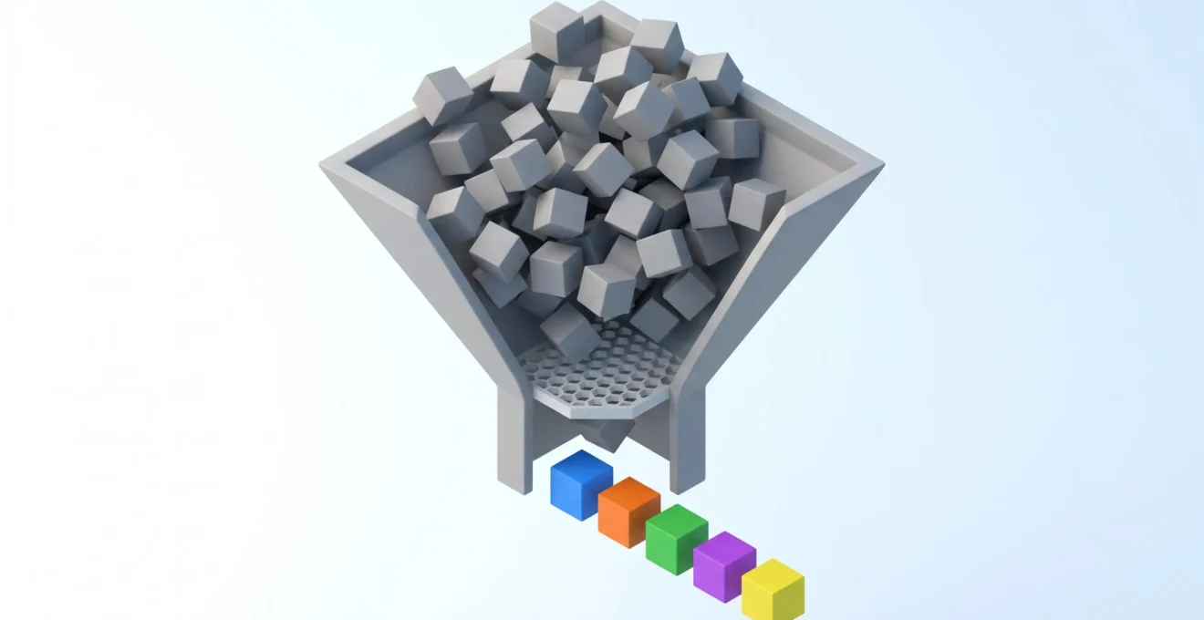 Illustration 3D isométrique d'un entonnoir filtrant un nuage de petits cubes gris désordonnés vers une sortie de six cubes colorés alignés, symbolisant la sélection des critères essentiels