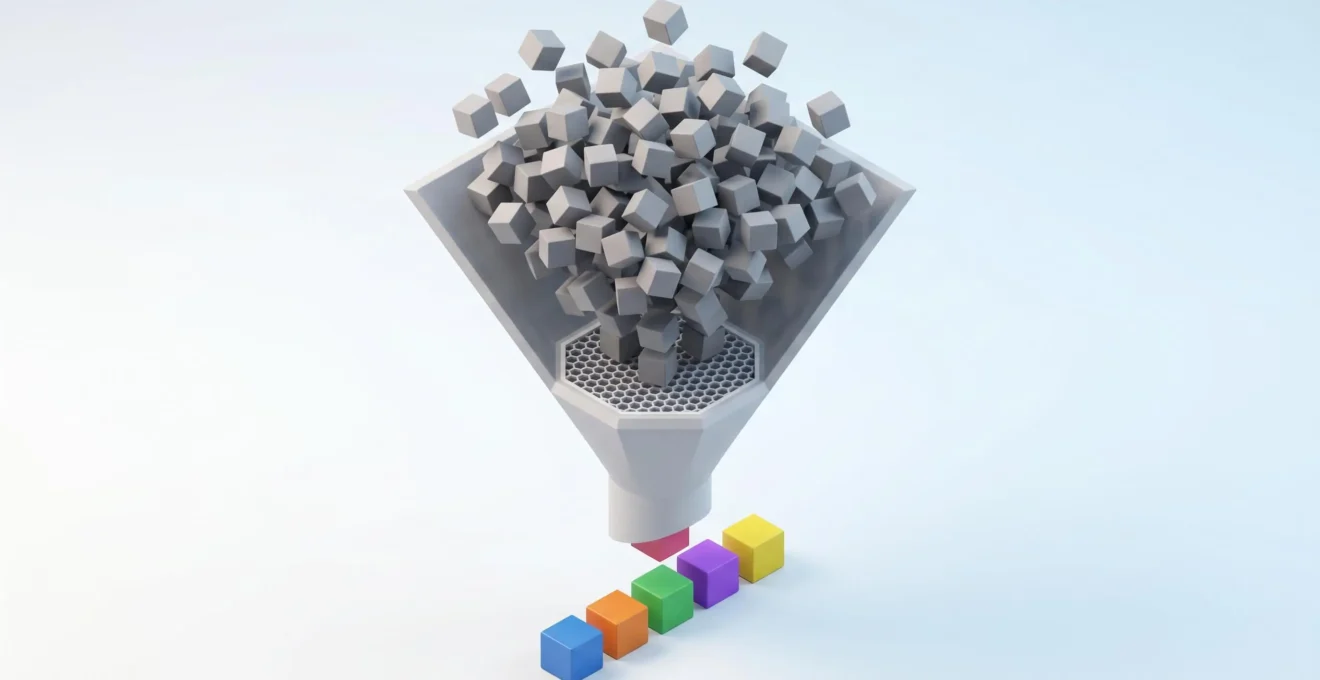 Illustration 3D isométrique d'un entonnoir filtrant un nuage de petits cubes gris désordonnés vers une sortie de six cubes colorés alignés, symbolisant la sélection des critères essentiels