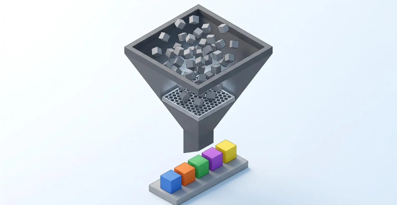 Illustration 3D isométrique d'un entonnoir filtrant un nuage de petits cubes gris désordonnés vers une sortie de six cubes colorés alignés, symbolisant la sélection des critères essentiels