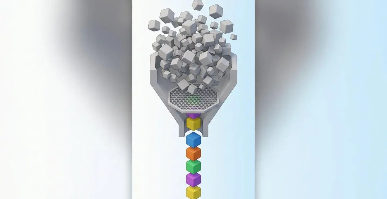 Illustration 3D isométrique d'un entonnoir filtrant un nuage de petits cubes gris désordonnés vers une sortie de six cubes colorés alignés, symbolisant la sélection des critères essentiels