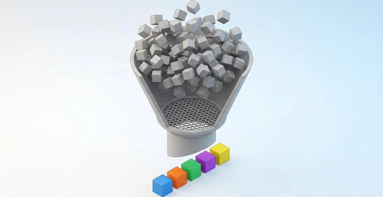 Illustration 3D isométrique d'un entonnoir filtrant un nuage de petits cubes gris désordonnés vers une sortie de six cubes colorés alignés, symbolisant la sélection des critères essentiels