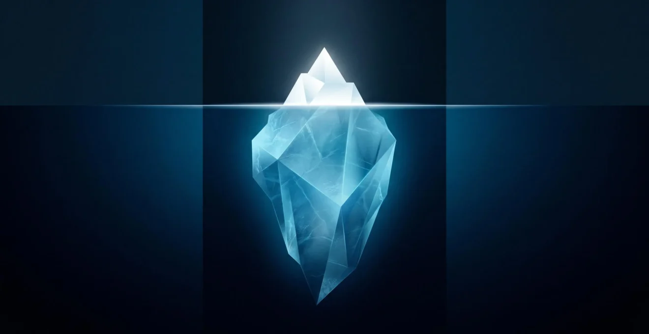 Illustration abstraite d'un iceberg stylisé avec un petit triangle blanc émergé et une masse bleue géométrique cinq fois plus grande immergée, sur fond dégradé bleu nuit