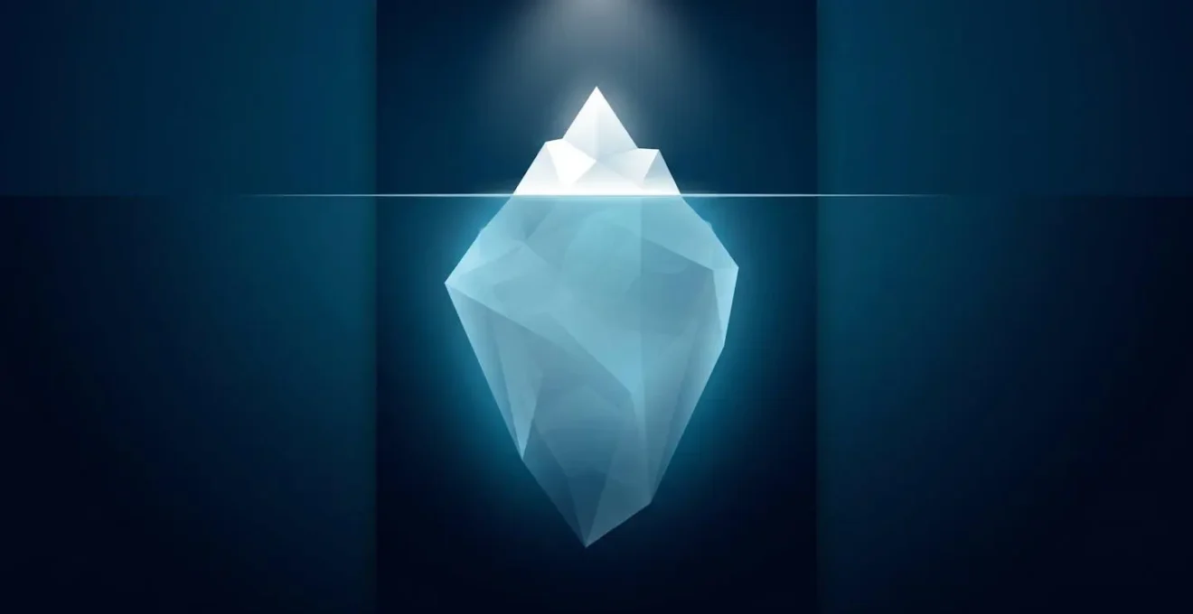 Illustration abstraite d'un iceberg stylisé avec un petit triangle blanc émergé et une masse bleue géométrique cinq fois plus grande immergée, sur fond dégradé bleu nuit