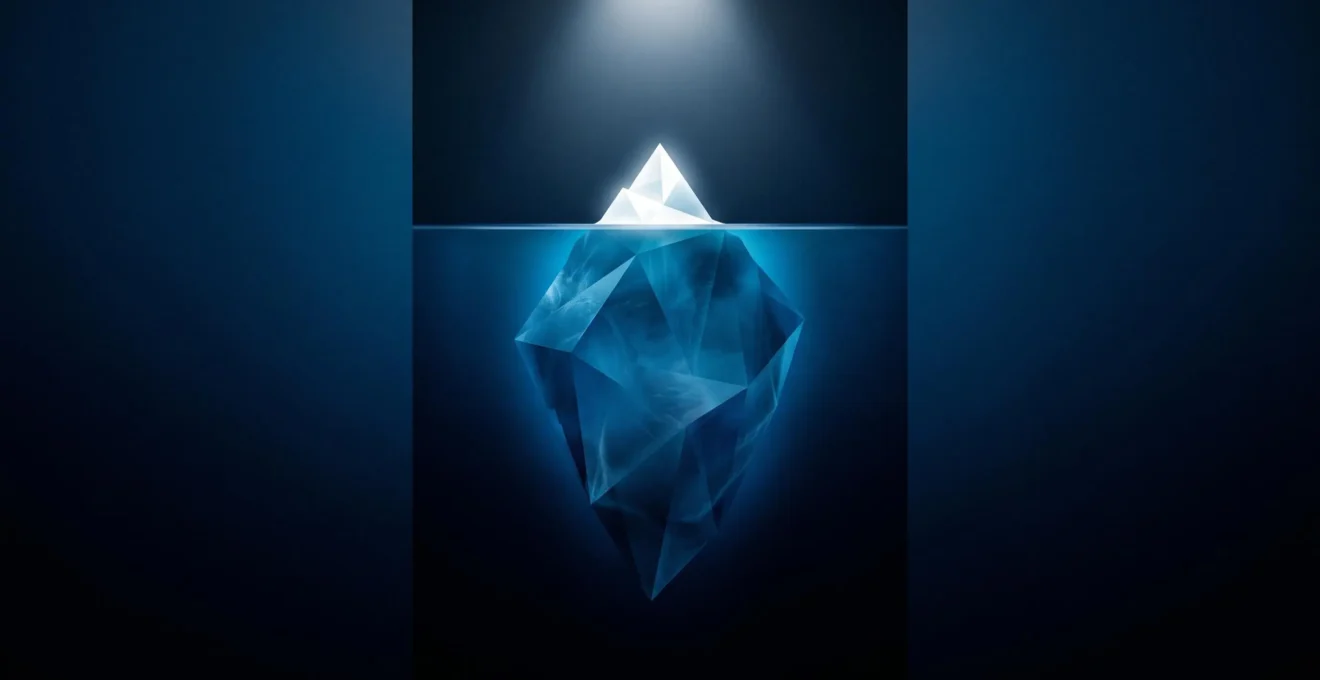 Illustration abstraite d'un iceberg stylisé avec un petit triangle blanc émergé et une masse bleue géométrique cinq fois plus grande immergée, sur fond dégradé bleu nuit