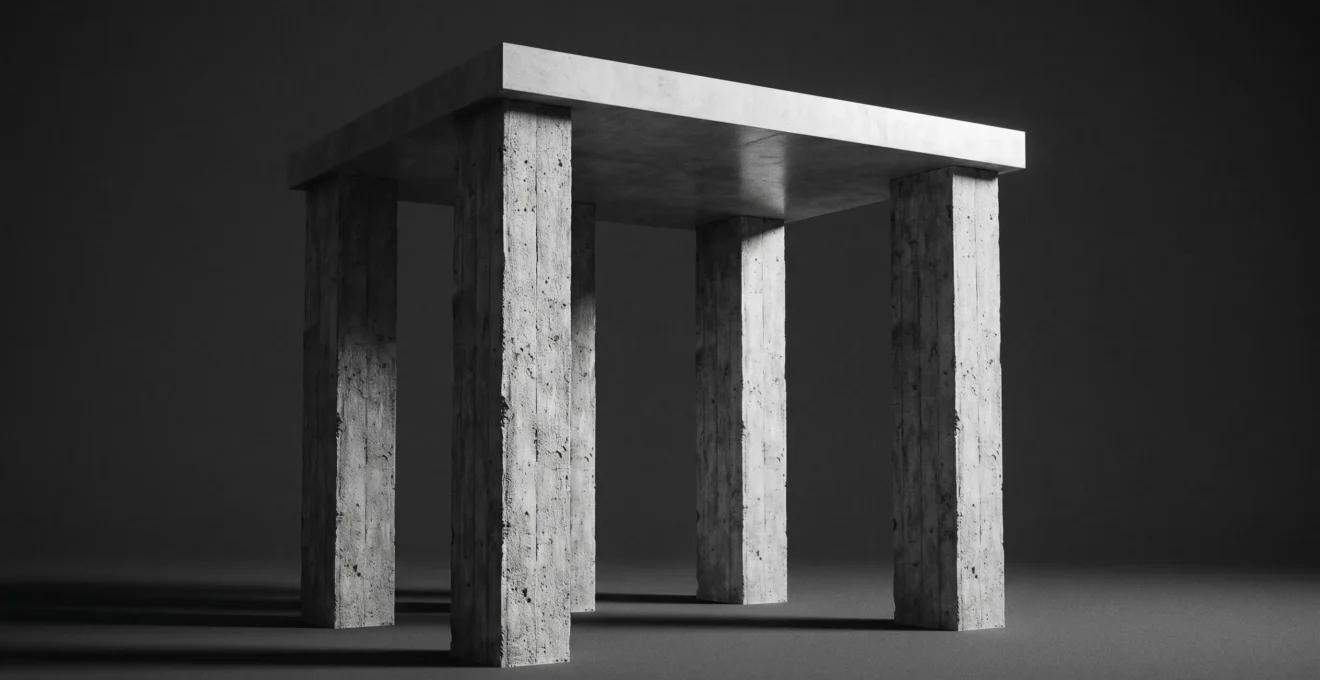 Quatre piliers en béton brut de hauteurs inégales disposés en carré supportant une plateforme horizontale polie, photographiés en contre-plongée avec éclairage latéral dramatique