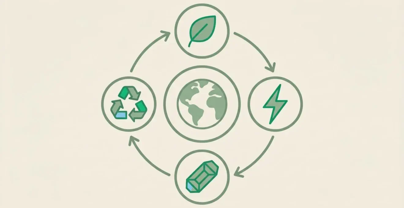 Schéma circulaire en design plat montrant quatre icônes minimalistes reliées par des flèches : feuille, éclair, cartouche et symbole de recyclage, autour d'une planète stylisée au centre