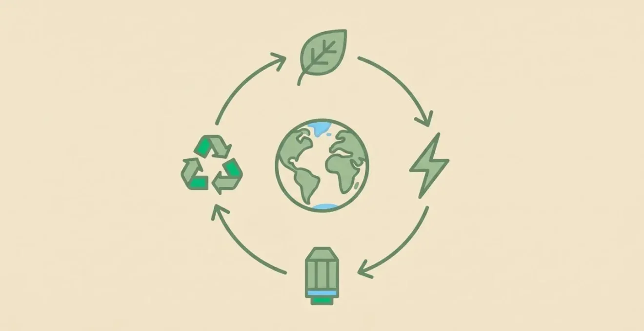 Schéma circulaire en design plat montrant quatre icônes minimalistes reliées par des flèches : feuille, éclair, cartouche et symbole de recyclage, autour d'une planète stylisée au centre