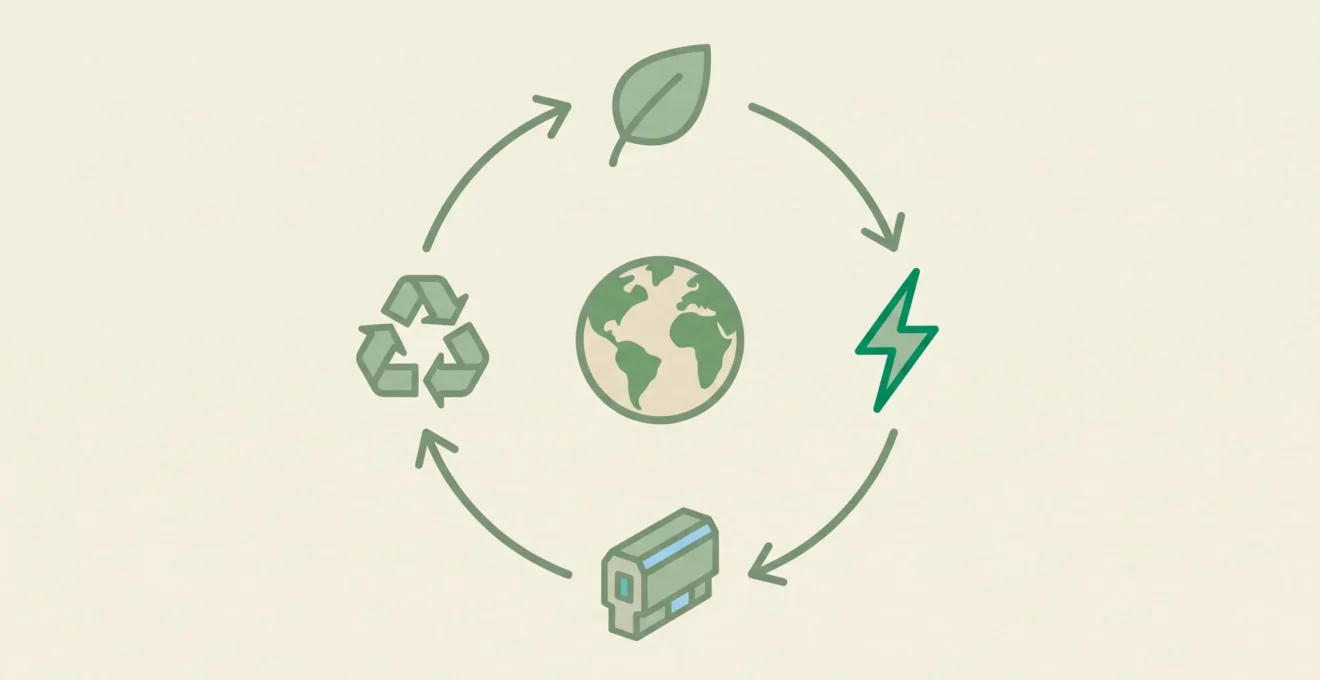 Schéma circulaire en design plat montrant quatre icônes minimalistes reliées par des flèches : feuille, éclair, cartouche et symbole de recyclage, autour d'une planète stylisée au centre