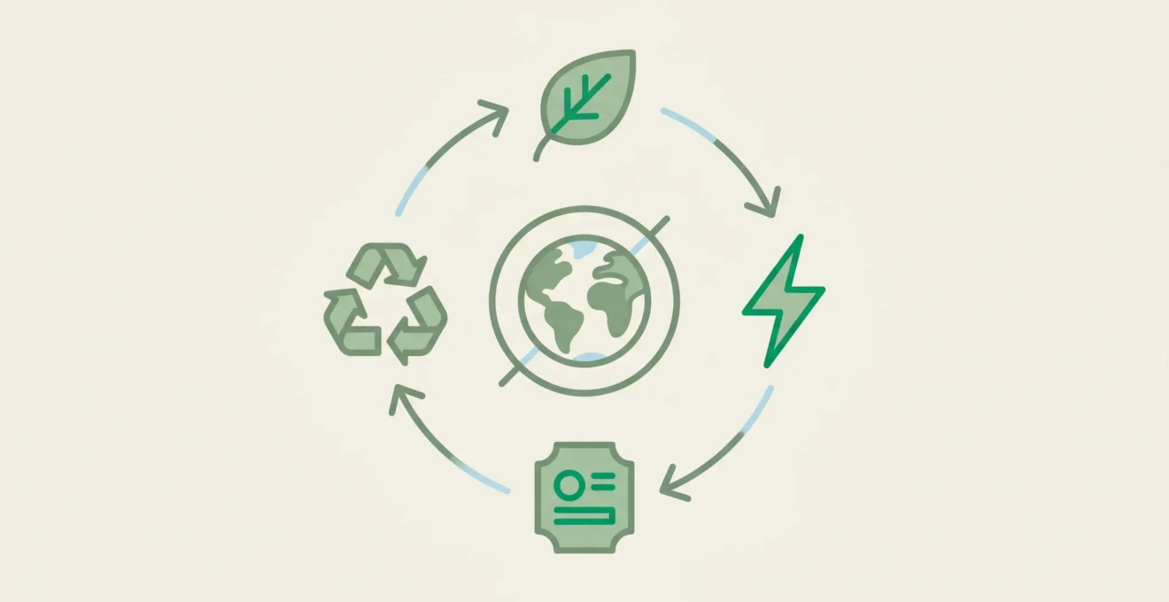 Schéma circulaire en design plat montrant quatre icônes minimalistes reliées par des flèches : feuille, éclair, cartouche et symbole de recyclage, autour d'une planète stylisée au centre