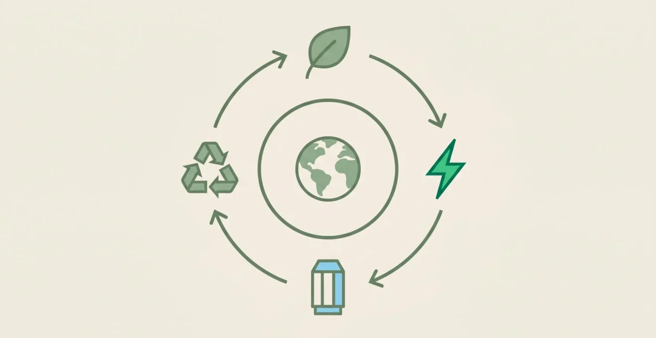 Schéma circulaire en design plat montrant quatre icônes minimalistes reliées par des flèches : feuille, éclair, cartouche et symbole de recyclage, autour d'une planète stylisée au centre