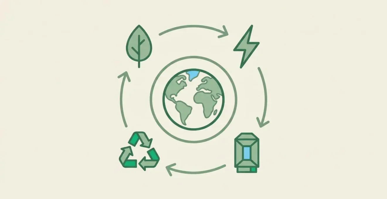 Schéma circulaire en design plat montrant quatre icônes minimalistes reliées par des flèches : feuille, éclair, cartouche et symbole de recyclage, autour d'une planète stylisée au centre