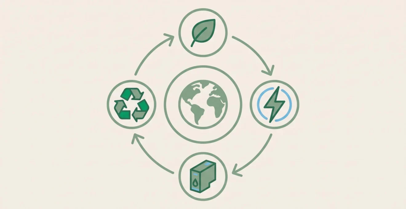 Schéma circulaire en design plat montrant quatre icônes minimalistes reliées par des flèches : feuille, éclair, cartouche et symbole de recyclage, autour d'une planète stylisée au centre